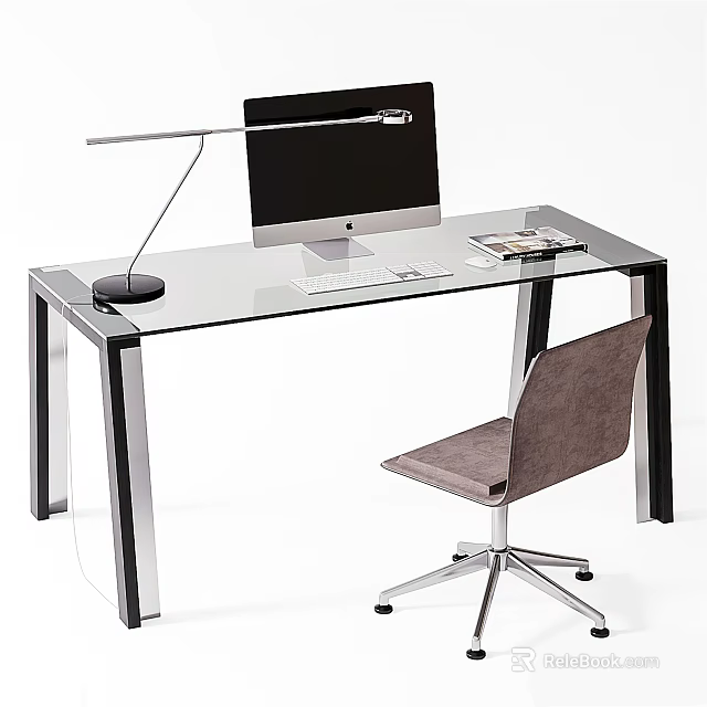 Stylish Office Desk With Glass Top Black Silver Legs Computer Monitor Lamp Magazine Gray Chair 3d model 