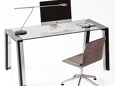 Stylish Office Desk With Glass Top Black Silver Legs Computer Monitor Lamp Magazine Gray Chair 3d model