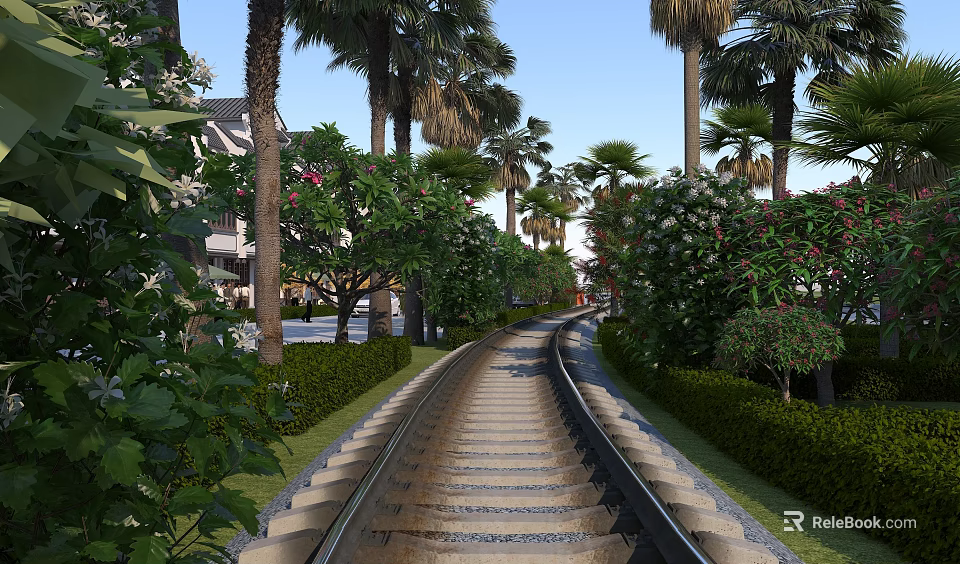 Scenic Road Facilities With Railway Track Surrounded By Palm Trees And Neat Hedges 3d model 