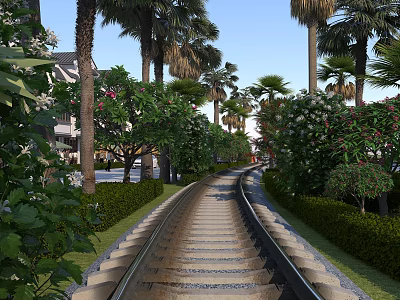 Scenic Road Facilities With Railway Track Surrounded By Palm Trees And Neat Hedges 3d model
