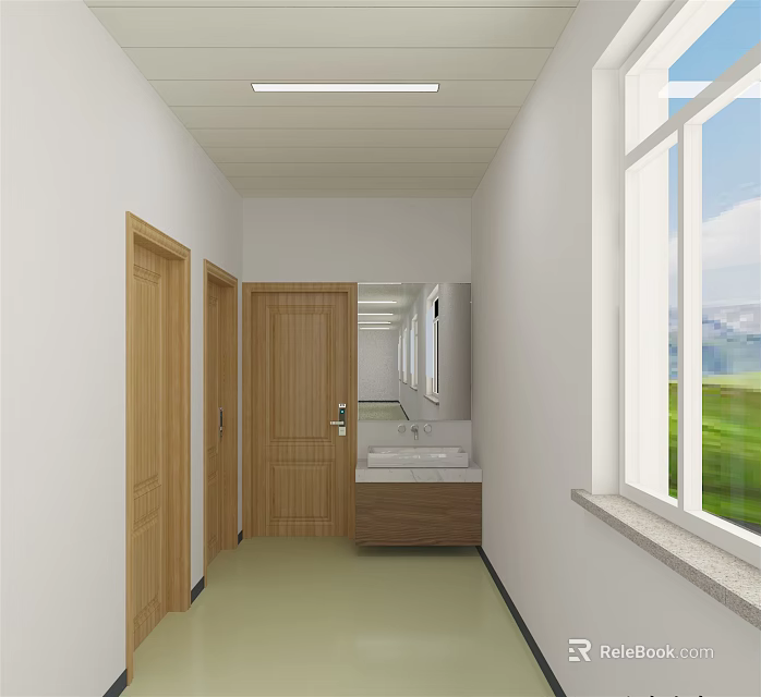 Modern Office Corridor Featuring Wooden Doors Washbasin Windows Light Colored Walls And Clean Floor 3d model 