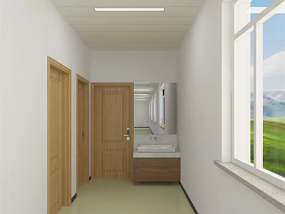 Modern Office Corridor Featuring Wooden Doors Washbasin Windows Light Colored Walls And Clean Floor 3d model