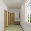 Modern Office Corridor Featuring Wooden Doors Washbasin Windows Light Colored Walls And Clean Floor