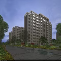 Modern Multi Storey Residential Building with Lush Trees Greenery and Water Features in Serene Surroundings