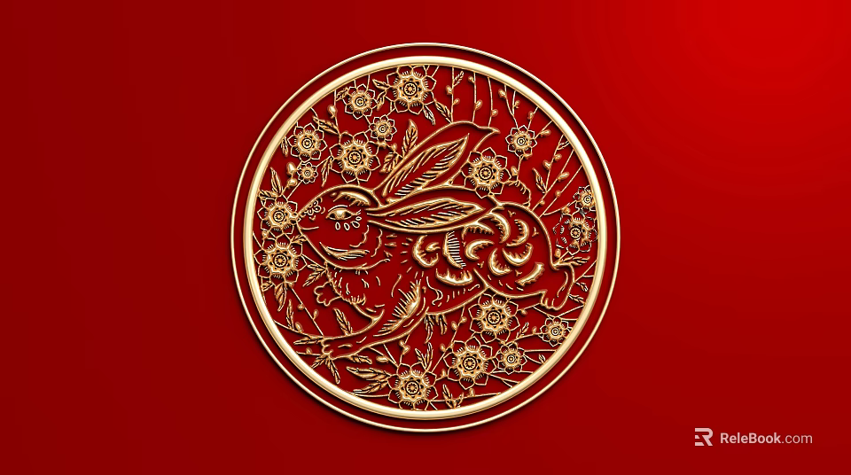 Golden Circular Carving Featuring Rabbit And Floral Patterns On Red Background 3d model 