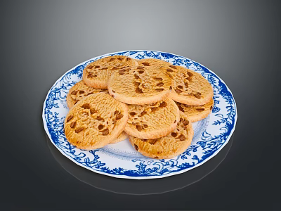 Golden Delicious Biscuits Arranged On Blue And White Patterned Plate 3d model