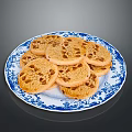 Golden Delicious Biscuits Arranged On Blue And White Patterned Plate 3d model