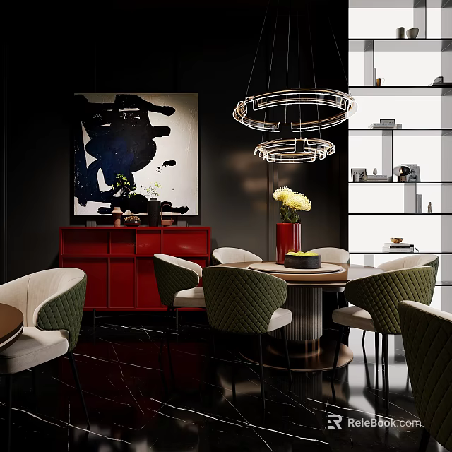 Modern Private Box Interior With Red Cabinet Green Chairs And Round Dining Table 3d model 