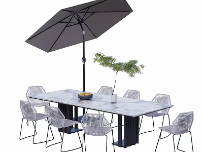 Outdoor Landscape Seats Transparent Gray With Marble Dining Table Sunshade Umbrella And Green Plant 3d model
