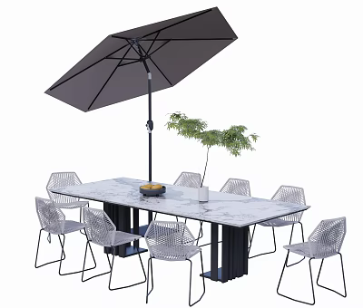 Outdoor Landscape Seats Transparent Gray With Marble Dining Table Sunshade Umbrella And Green Plant 3d model