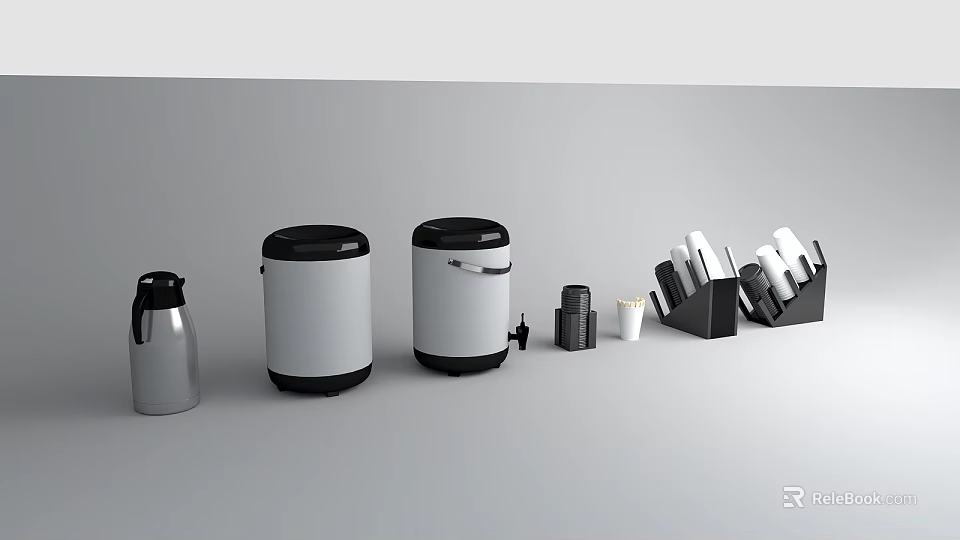 Modern Kitchen Utensils Collection With Thermos Trash Bins Knife Block And Cups 3d model 