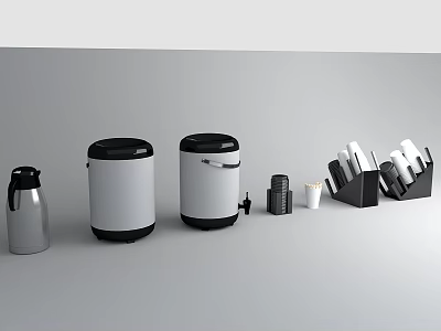 Modern Kitchen Utensils Collection With Thermos Trash Bins Knife Block And Cups 3d model