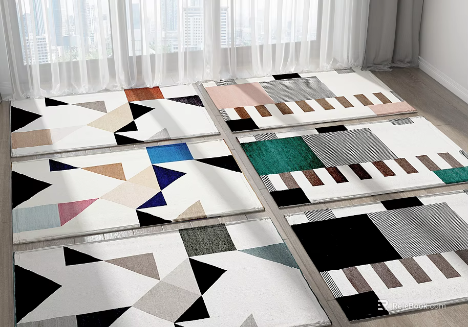 Assorted Square Rugs With Geometric Patterns In Black White And Colorful Designs For Home Decor 3d model 