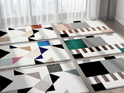 Assorted Square Rugs With Geometric Patterns In Black White And Colorful Designs For Home Decor 3d model