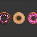 Three Colorful Donuts With Pink Frosting Purple Sprinkles And Original Flavor On Black Surface