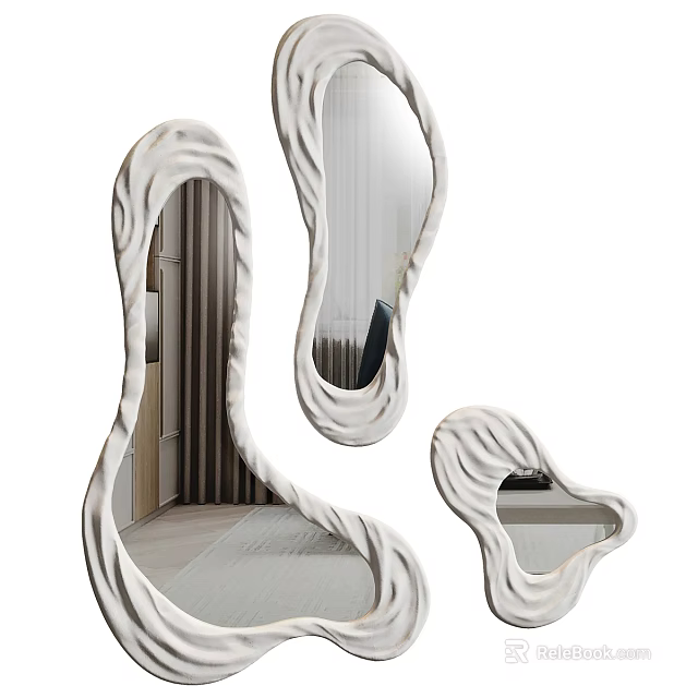 Unique White Irregular Mirrors with Wavy Twisted Design Reflecting Bedroom Bed and Curtains 3d model 