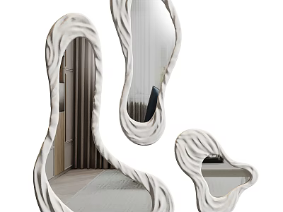 Unique White Irregular Mirrors with Wavy Twisted Design Reflecting Bedroom Bed and Curtains 3d model