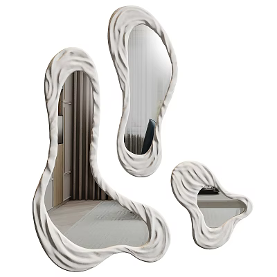 Unique White Irregular Mirrors with Wavy Twisted Design Reflecting Bedroom Bed and Curtains 3d model
