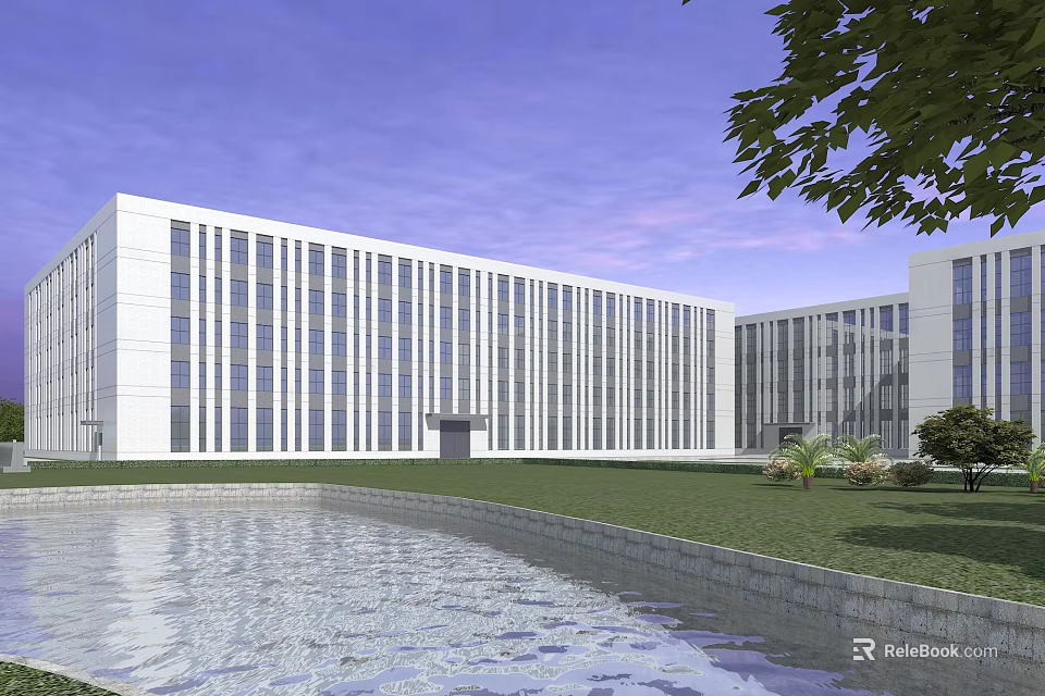 Modern Industrial Factory Building With Large Glass Windows Green Landscape And Water Pond Surroundings 3d model 