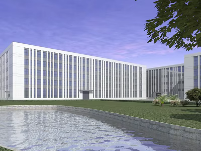 Modern Industrial Factory Building With Large Glass Windows Green Landscape And Water Pond Surroundings 3d model