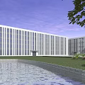 Modern Industrial Factory Building With Large Glass Windows Green Landscape And Water Pond Surroundings