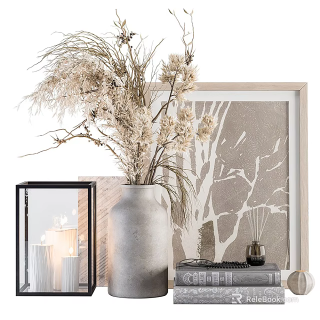 Modern Natural Decorative Ornament Set With Dried Flowers Vase Framed Art Glass Lantern And Candle 3d model 