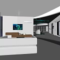Modern Futuristic Exhibition Hall With Curved Ceiling Blue Lighting Display Screens And Circular Platform