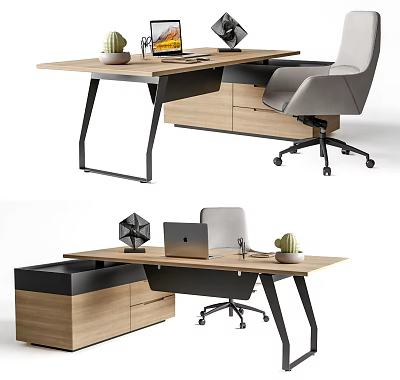 Light Wood Office Desk With Black Metal Frame Laptop Small Potted Plant And Geometric Decor 3d model
