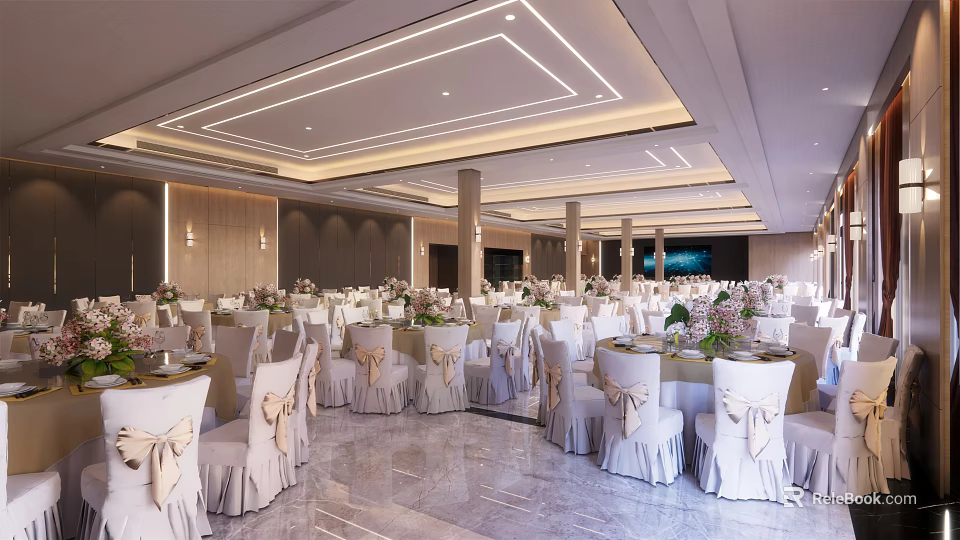 Elegant Banquet Hall Interior With Decorated Tables Chairs Floral Arrangements And Ceiling Lights 3d model 