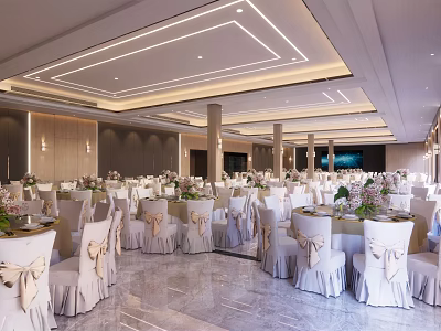 Elegant Banquet Hall Interior With Decorated Tables Chairs Floral Arrangements And Ceiling Lights 3d model
