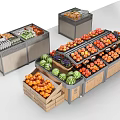 Display Shelves for Fresh Fruits with Wooden Crates and Various Produce