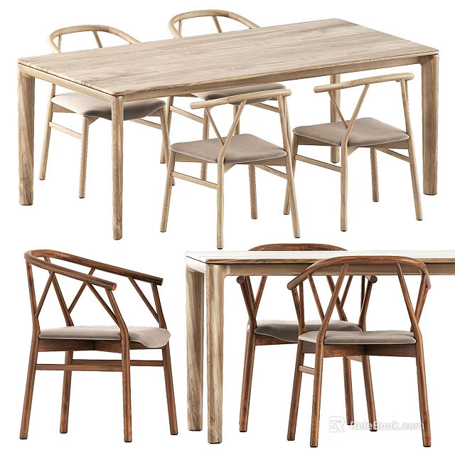 Wooden Dining Table Set With Crossed Back Chairs And Upholstered Seats 3d model 