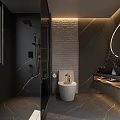 Modern Bathroom Interior Design With Round Mirror Black Sink Washing Machine And Marble Tiles