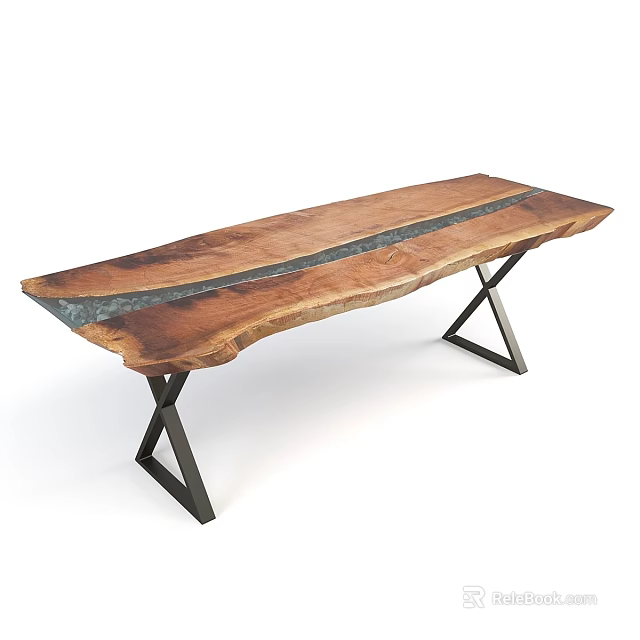 Rustic Modern Live Edge Dining Table With Wooden Top Metal Inlay And Black Metal Legs 3d model 