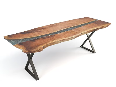 Rustic Modern Live Edge Dining Table With Wooden Top Metal Inlay And Black Metal Legs 3d model