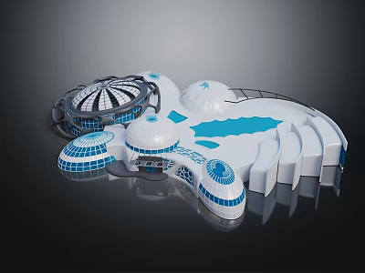 Cartoon Scene Featuring Futuristic Buildings Blue Water Pools White Domes And Circular Structures 3d model