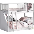 White Kids Bunk Bed With Pink Bedding Ladder And Stuffed Animal Toys