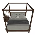 Modern Four Poster Double Bed With Wooden Frame And Nightstand Table Lamps