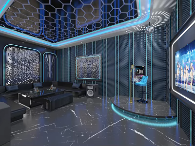Modern Luxurious KTV Interior With Hexagonal Grid Ceiling Blue LED Strips Sofas And Large Screen 3d model