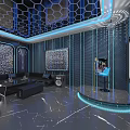 Modern Luxurious KTV Interior With Hexagonal Grid Ceiling Blue LED Strips Sofas And Large Screen