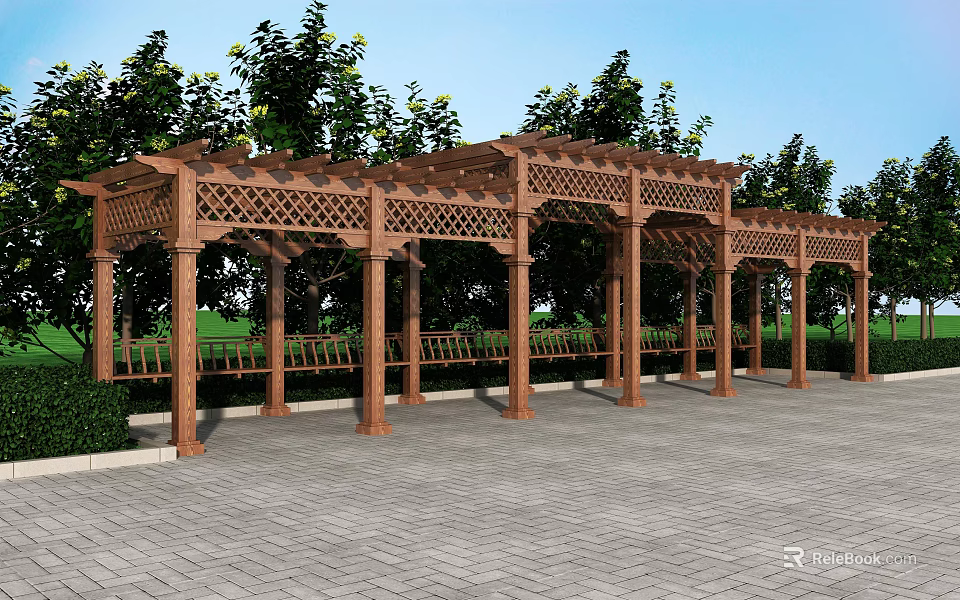 Wooden Pergola with Lattice Roof and Benches Surrounded by Trees and Grass on Paved Ground 3d model 