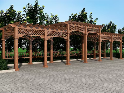 Wooden Pergola with Lattice Roof and Benches Surrounded by Trees and Grass on Paved Ground 3d model