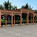 Wooden Pergola with Lattice Roof and Benches Surrounded by Trees and Grass on Paved Ground