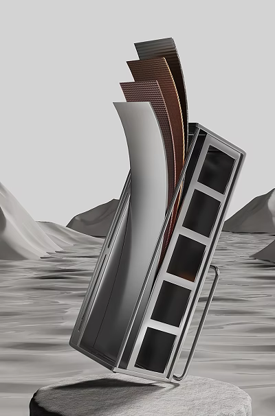 Futuristic Structure With Curved Form In Water And Mountain Landscape 3d model