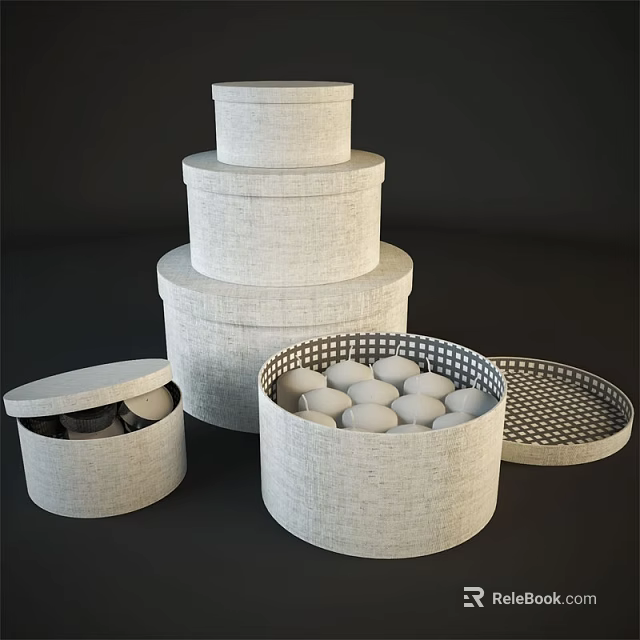 Light Gray Fabric Round Storage Boxes Stackable Design with White Eggs Inside 3d model 