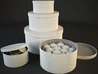 Light Gray Fabric Round Storage Boxes Stackable Design with White Eggs Inside 3d model