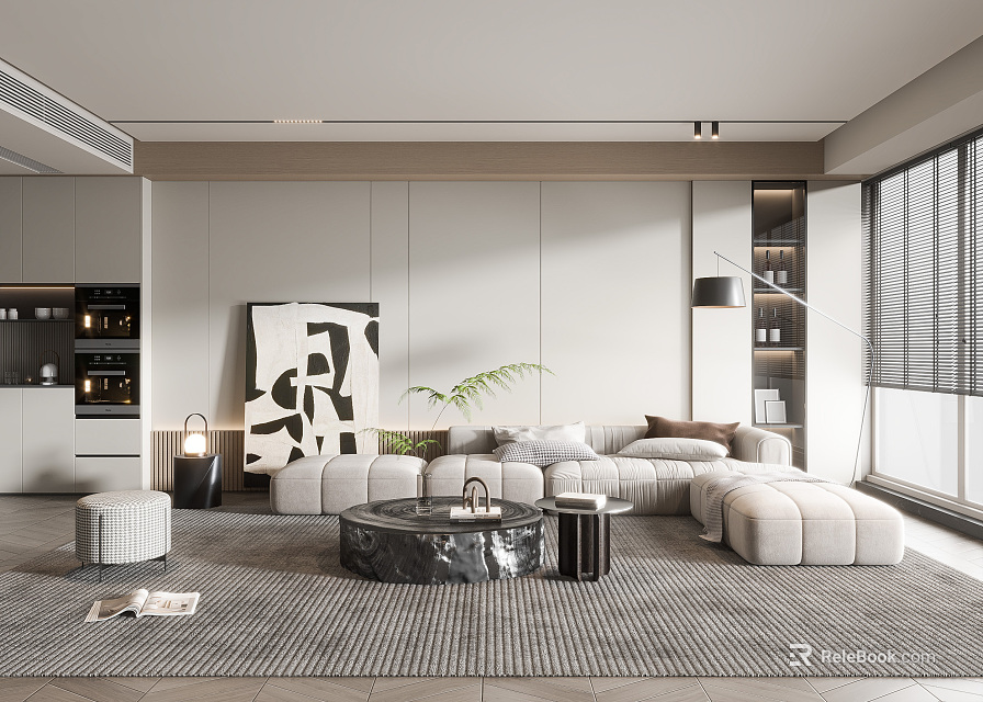 Modern Living Room Interior Design With Beige Sofa Round Marble Coffee Table Rug And Abstract Art 3d model 