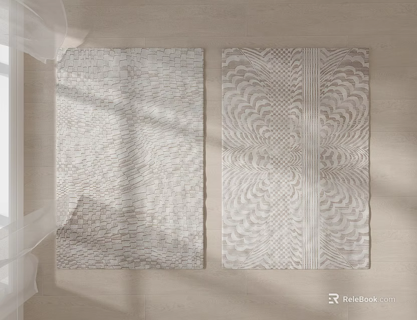 Modern Square Rugs with Woven Texture and Symmetric Pattern on Wooden Floor under Natural Light 3d model 