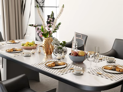 Elegant Dinnerware Set On Dining Table With Fruits Bread Glassware And Flower Vase 3d model
