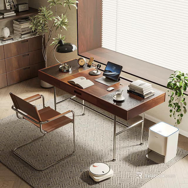 Modern Desk and Chair Set for Home Office with Laptop Lamp Books and Coffee Cup 3d model 